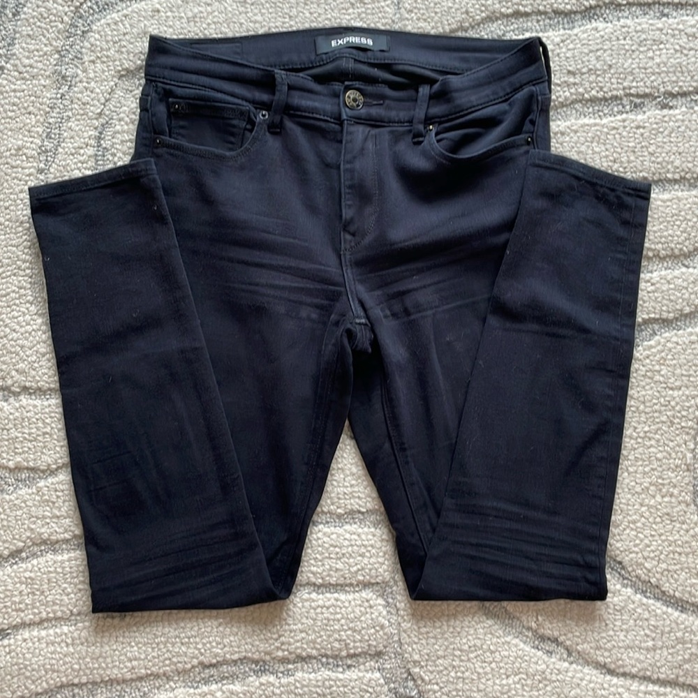 Express, black, mid-rise stretch jeans, size 8R